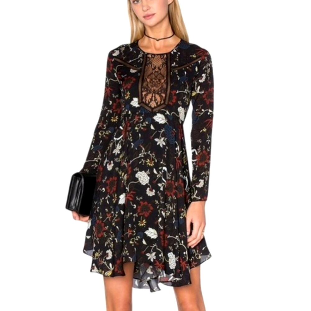 ALC 4 Cynthia $695 Lace Long Sleeve Dark Floral 100% SILK Fit Flare Dress